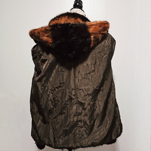 New Real Mink Fur Coat Jacket Blazer Copper Brown Hooded Animal Printed Circle - Picture 7 of 7